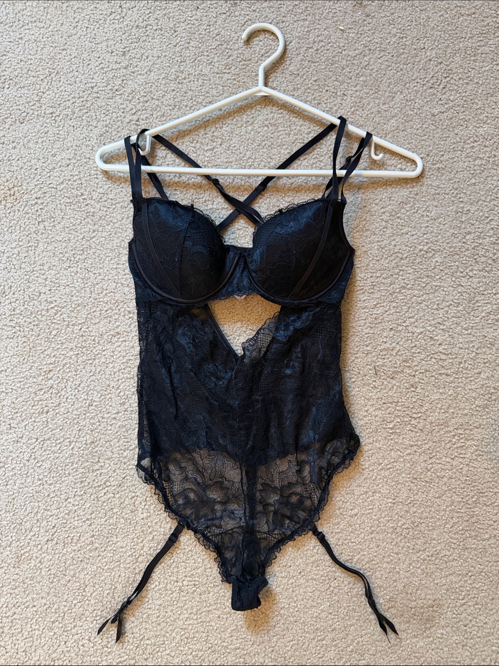 La Vie En Rose Black Lace Bodysuit with Strappy Details